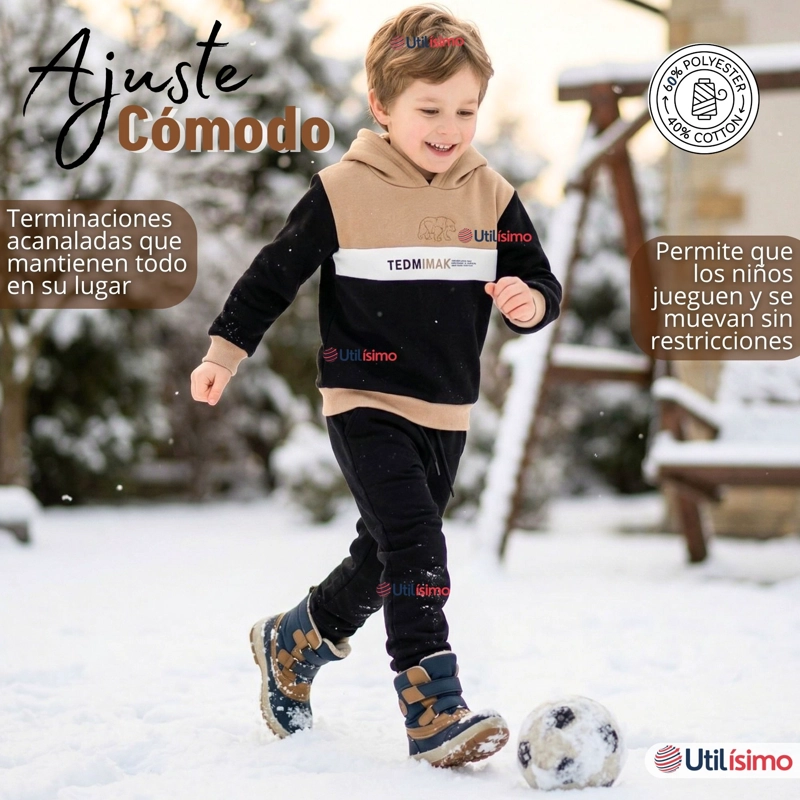 CONJUNTO 2 PIEZAS BUZO PANTALON Y POLERON CON CAPUCHA NEGRO NIÑO - 8