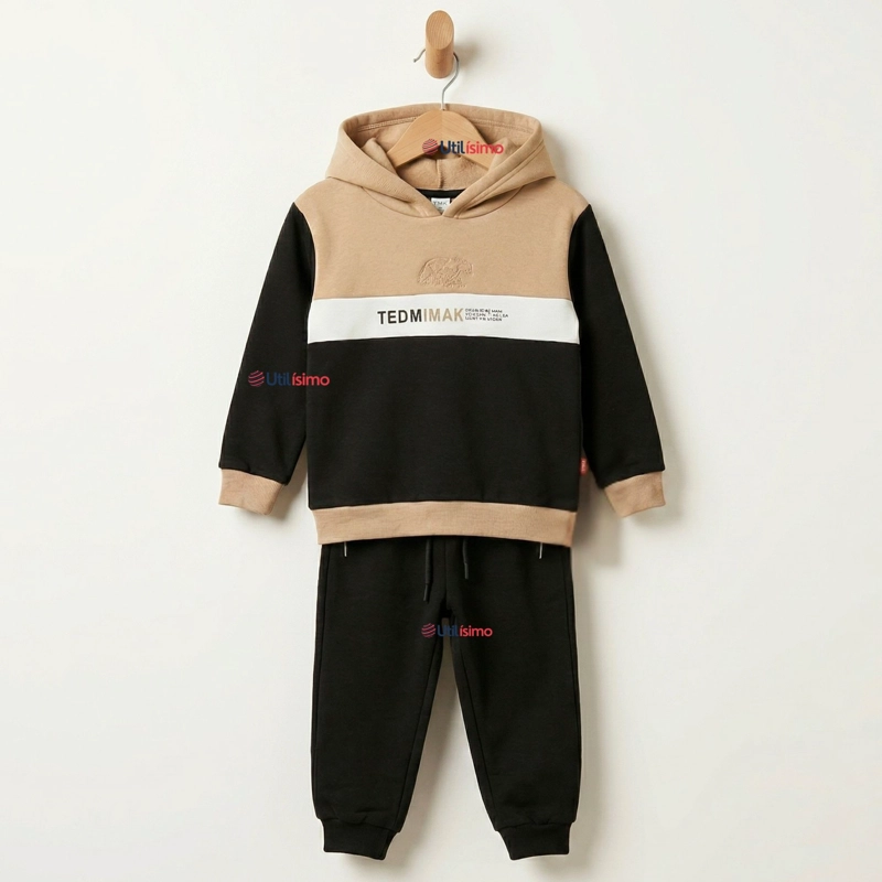 CONJUNTO 2 PIEZAS BUZO PANTALON Y POLERON CON CAPUCHA NEGRO NIÑO - 1