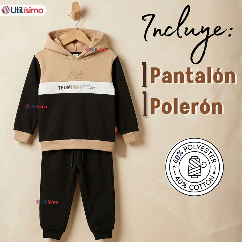 CONJUNTO 2 PIEZAS BUZO PANTALON Y POLERON CON CAPUCHA NEGRO NIÑO - 2