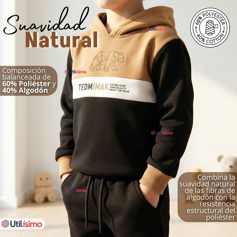CONJUNTO 2 PIEZAS BUZO PANTALON Y POLERON CON CAPUCHA NEGRO NIÑO - 5