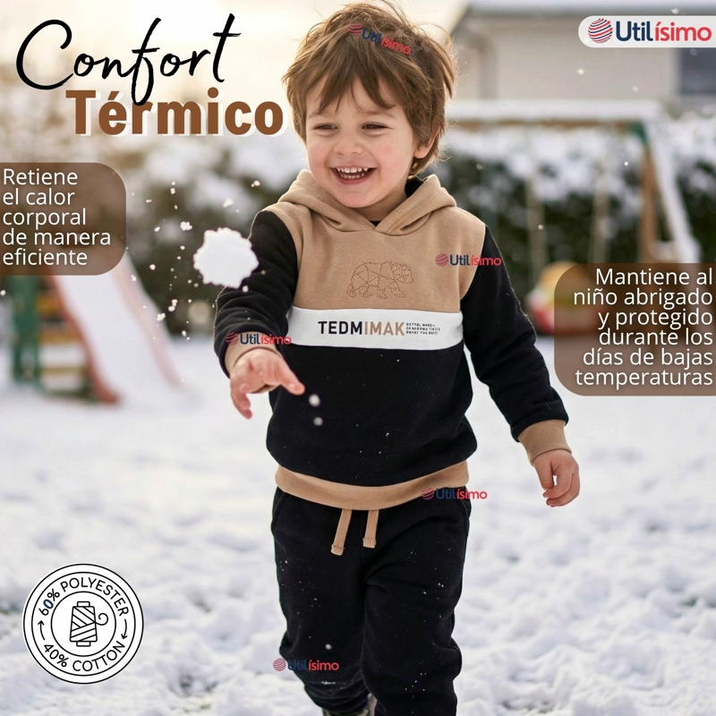 CONJUNTO 2 PIEZAS BUZO PANTALON Y POLERON CON CAPUCHA NEGRO NIÑO - 6