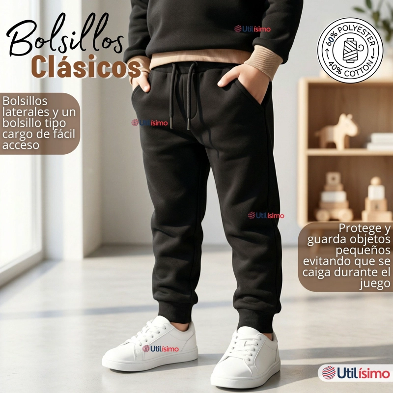 CONJUNTO 2 PIEZAS BUZO PANTALON Y POLERON CON CAPUCHA NEGRO NIÑO - 7
