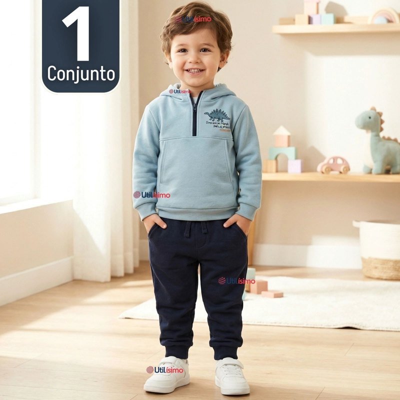 CONJUNTO 2 PIEZAS BUZO PANTALON Y POLERON CON CAPUCHA AZUL DINOSAURIO NIÑO - 1