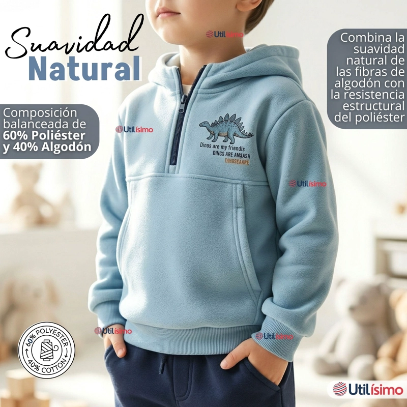 CONJUNTO 2 PIEZAS BUZO PANTALON Y POLERON CON CAPUCHA AZUL DINOSAURIO NIÑO - 5