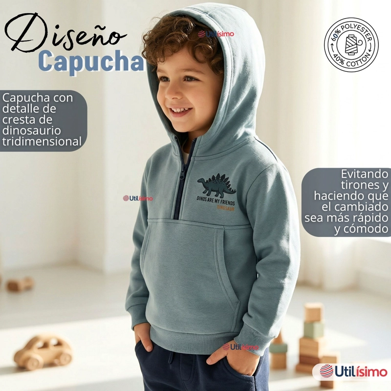 CONJUNTO 2 PIEZAS BUZO PANTALON Y POLERON CON CAPUCHA AZUL DINOSAURIO NIÑO - 9