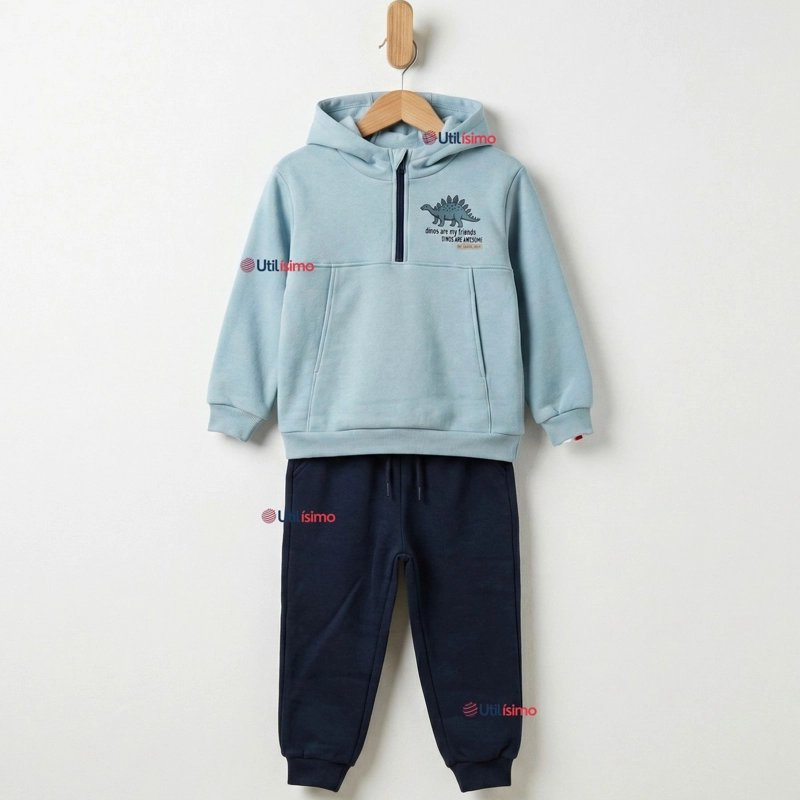 CONJUNTO 2 PIEZAS BUZO PANTALON Y POLERON CON CAPUCHA AZUL DINOSAURIO NIÑO - 1