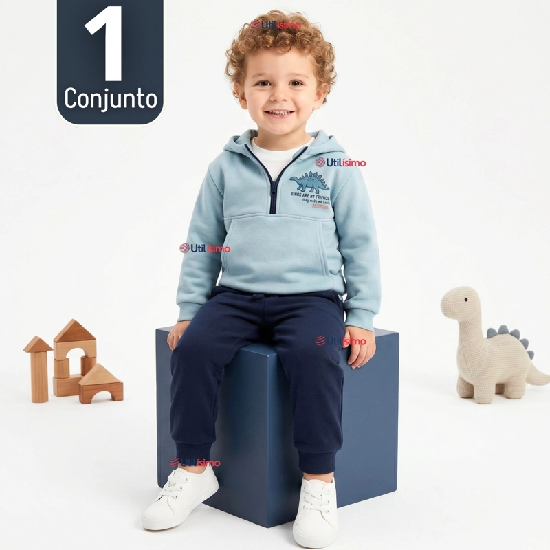 CONJUNTO 2 PIEZAS BUZO PANTALON Y POLERON CON CAPUCHA AZUL DINOSAURIO NIÑO - 1
