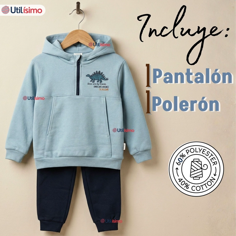CONJUNTO 2 PIEZAS BUZO PANTALON Y POLERON CON CAPUCHA AZUL DINOSAURIO NIÑO - 2