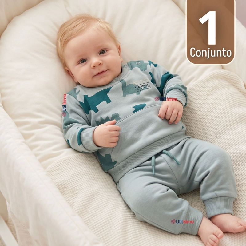 CONJUNTO BUZO POLERON 2 PIEZAS BEBE NIÑO ESTAMPADO DINOSAUR - 1