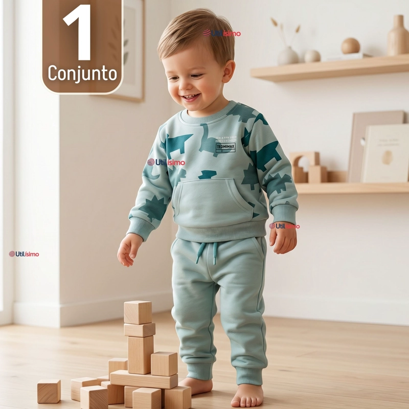 CONJUNTO BUZO POLERON 2 PIEZAS BEBE NIÑO ESTAMPADO DINOSAUR - 1