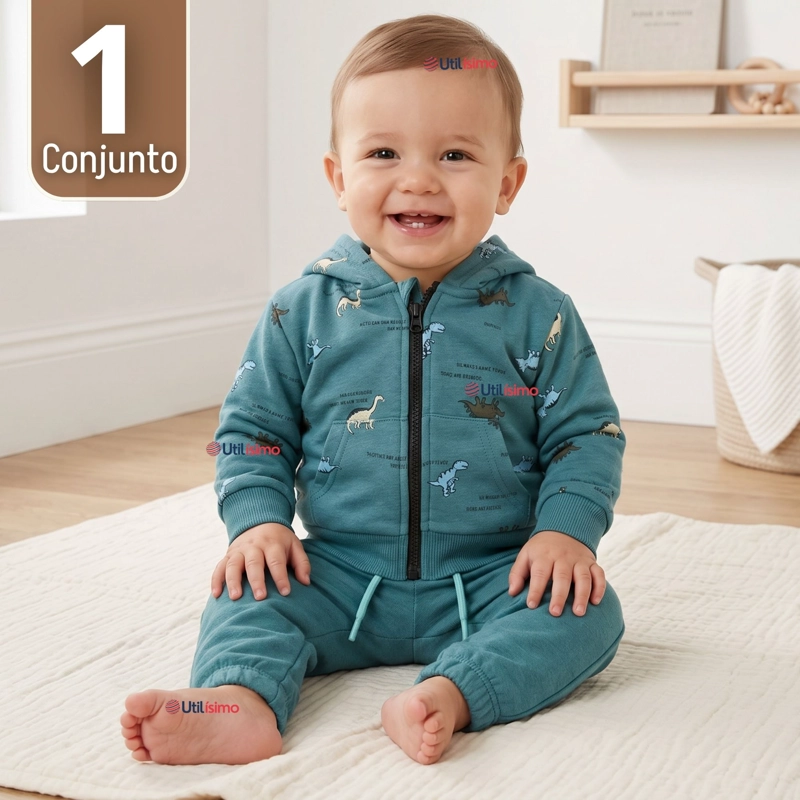BUZO POLERON CON CAPUCHA 2 PIEZAS BEBE NIÑO GREEN DINOSAUR - 1