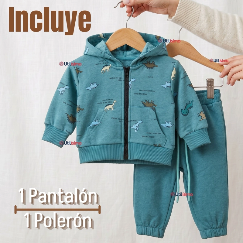 BUZO POLERON CON CAPUCHA 2 PIEZAS BEBE NIÑO GREEN DINOSAUR - 2