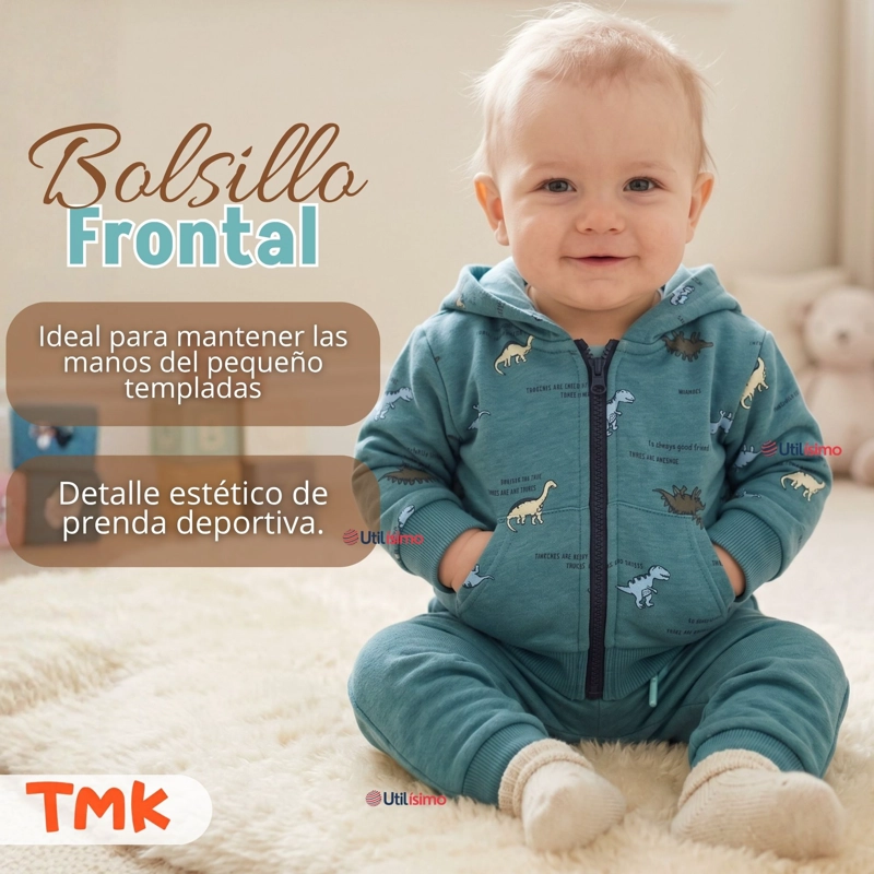 BUZO POLERON CON CAPUCHA 2 PIEZAS BEBE NIÑO GREEN DINOSAUR - 9