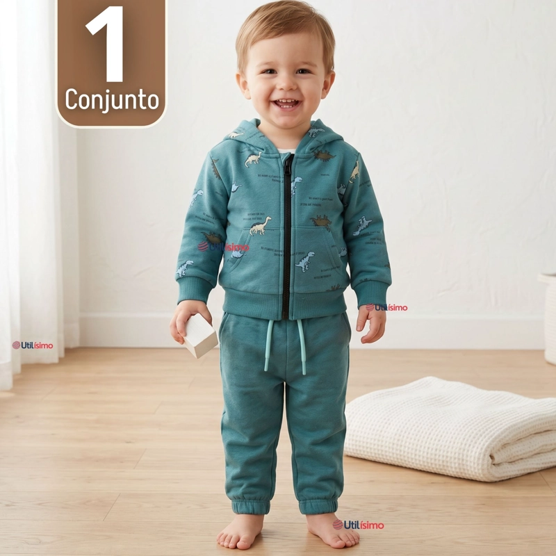 BUZO POLERON CON CAPUCHA 2 PIEZAS BEBE NIÑO GREEN DINOSAUR - 1