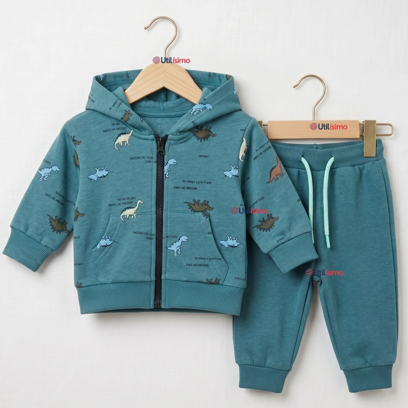BUZO POLERON CON CAPUCHA 2 PIEZAS BEBE NIÑO GREEN DINOSAUR - 1