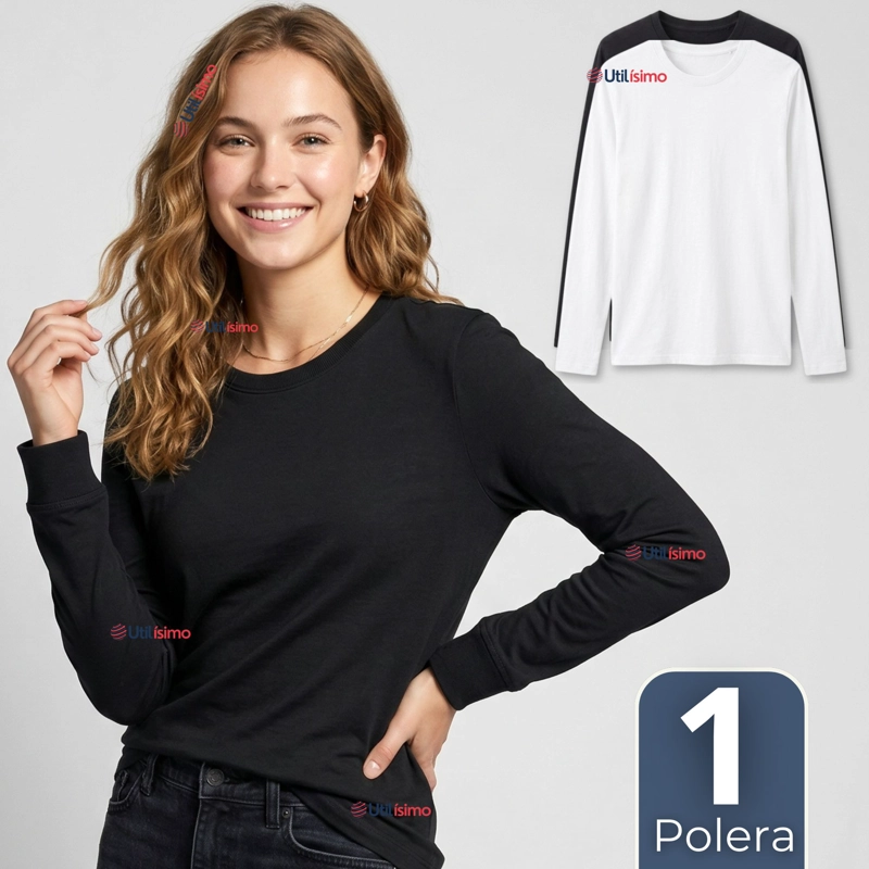 CAMISETA POLERA BAMBU PRIMERA CAPA MANGA LARGA BLANCO NEGRO MUJER - 1