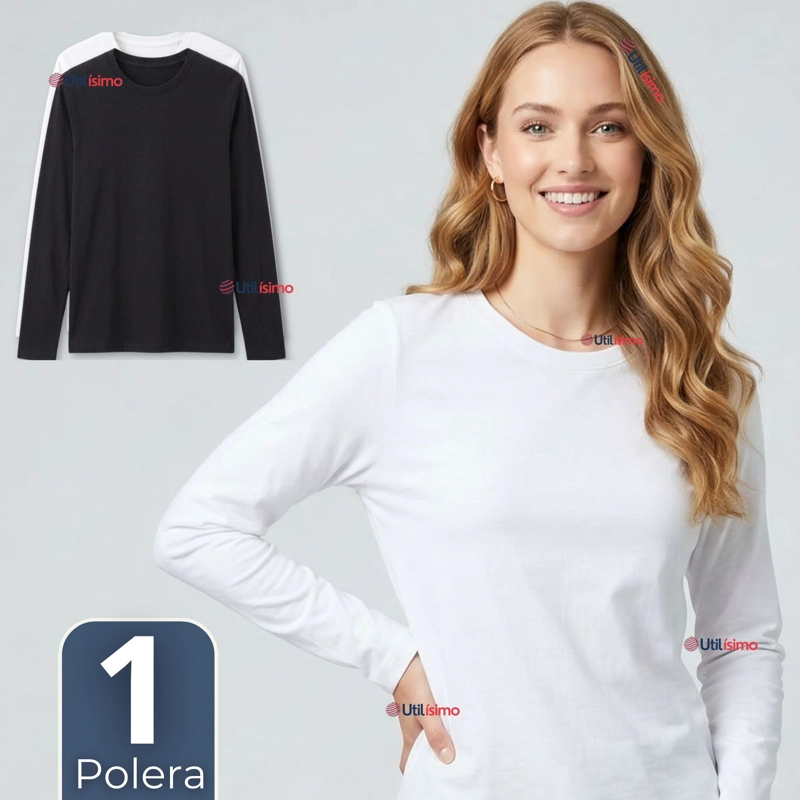 CAMISETA POLERA BAMBU PRIMERA CAPA MANGA LARGA BLANCO NEGRO MUJER - 1