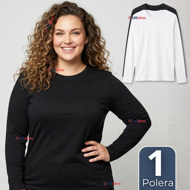 CAMISETA POLERA BAMBU PRIMERA CAPA MANGA LARGA BLANCO NEGRO MUJER - 1