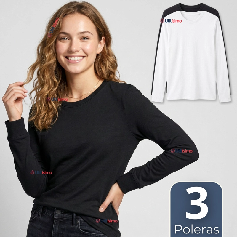 PACK 3 CAMISETAS POLERAS BAMBU PRIMERA CAPA MANGA LARGA BLANCO NEGRO MUJER - 1
