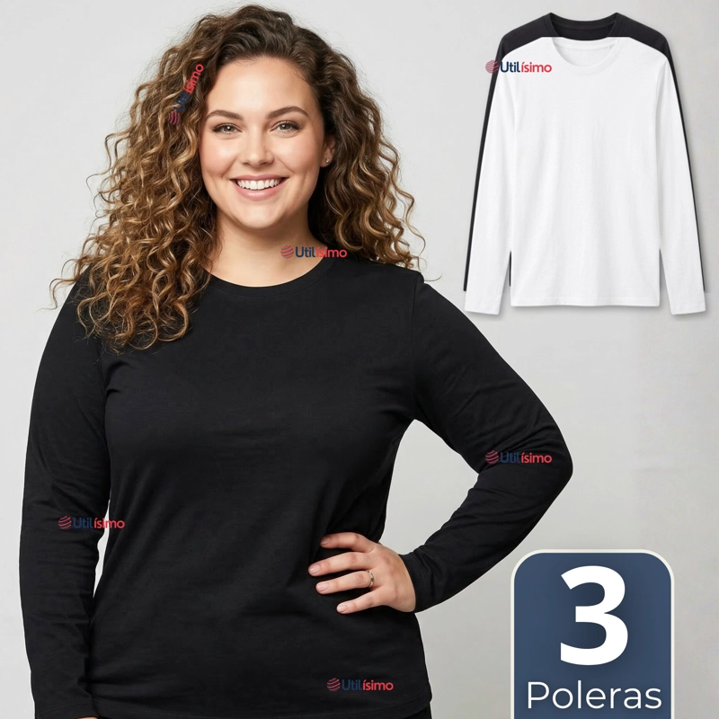 PACK 3 CAMISETAS POLERAS BAMBU PRIMERA CAPA MANGA LARGA BLANCO NEGRO MUJER - 1