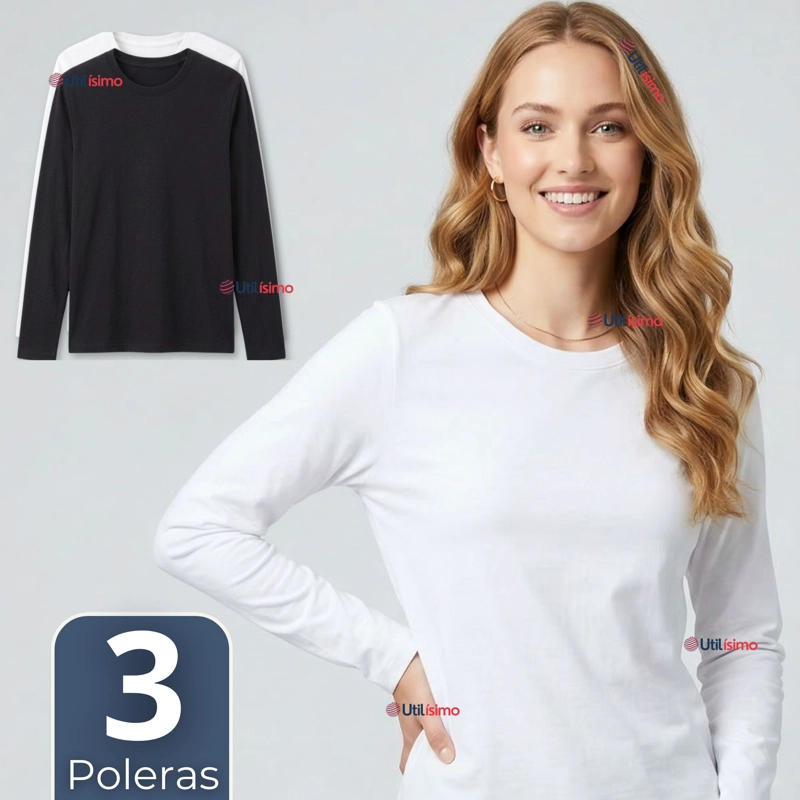 PACK 3 CAMISETAS POLERAS BAMBU PRIMERA CAPA MANGA LARGA BLANCO NEGRO MUJER - 1