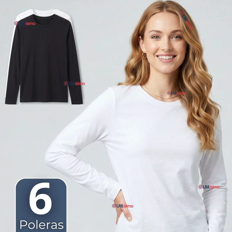 PACK 6 CAMISETAS POLERAS BAMBU PRIMERA CAPA MANGA LARGA BLANCO NEGRO MUJER - 1