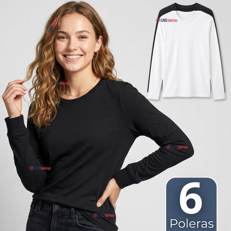 PACK 6 CAMISETAS POLERAS BAMBU PRIMERA CAPA MANGA LARGA BLANCO NEGRO MUJER - 1