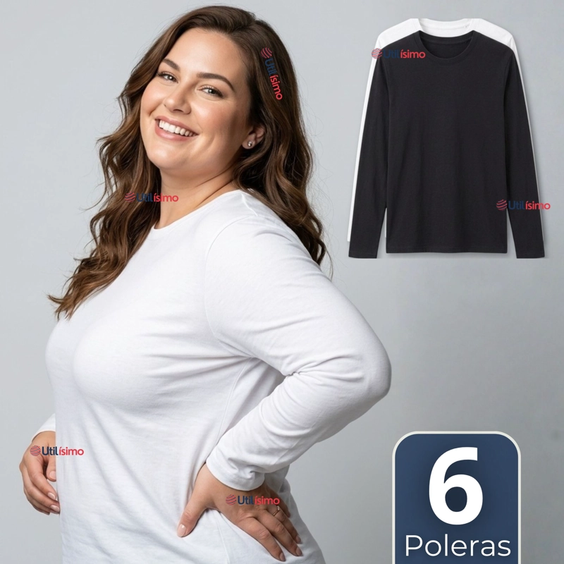 PACK 6 CAMISETAS POLERAS BAMBU PRIMERA CAPA MANGA LARGA BLANCO NEGRO MUJER - 1