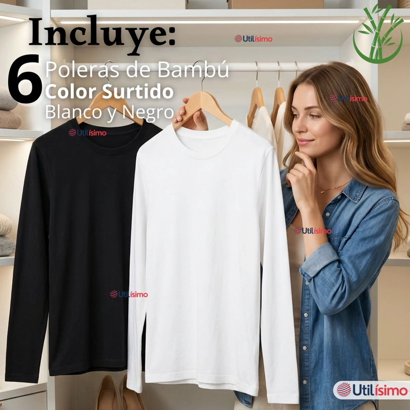 PACK 6 CAMISETAS POLERAS BAMBU PRIMERA CAPA MANGA LARGA BLANCO NEGRO MUJER - 2