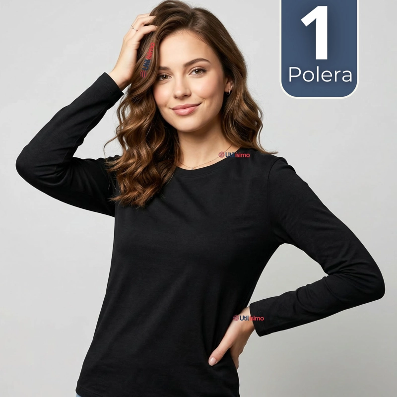 CAMISETA POLERA BAMBU PRIMERA CAPA MANGA LARGA NEGRO MUJER - 1