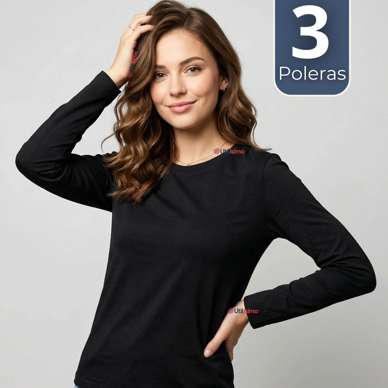 PACK 3 CAMISETAS POLERAS BAMBU PRIMERA CAPA MANGA LARGA NEGRO MUJER - 1