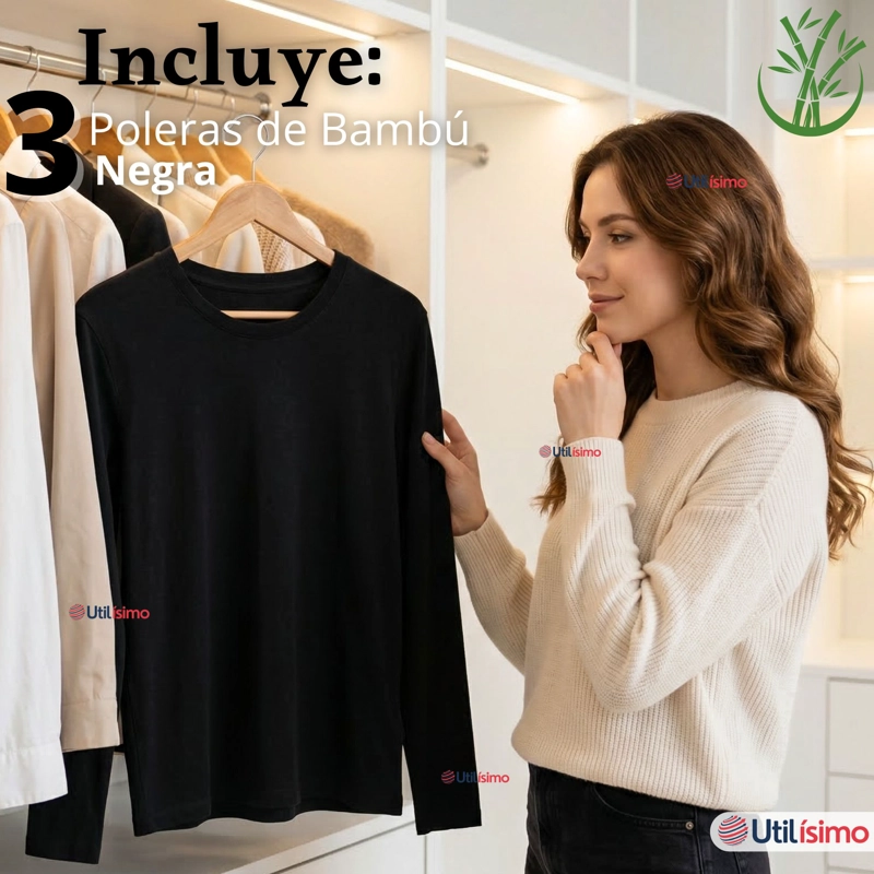 PACK 3 CAMISETAS POLERAS BAMBU PRIMERA CAPA MANGA LARGA NEGRO MUJER - 2