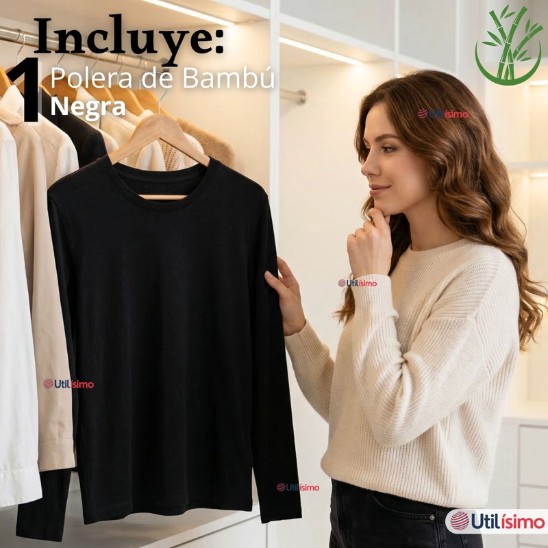 CAMISETA POLERA BAMBU PRIMERA CAPA MANGA LARGA NEGRO MUJER - 2