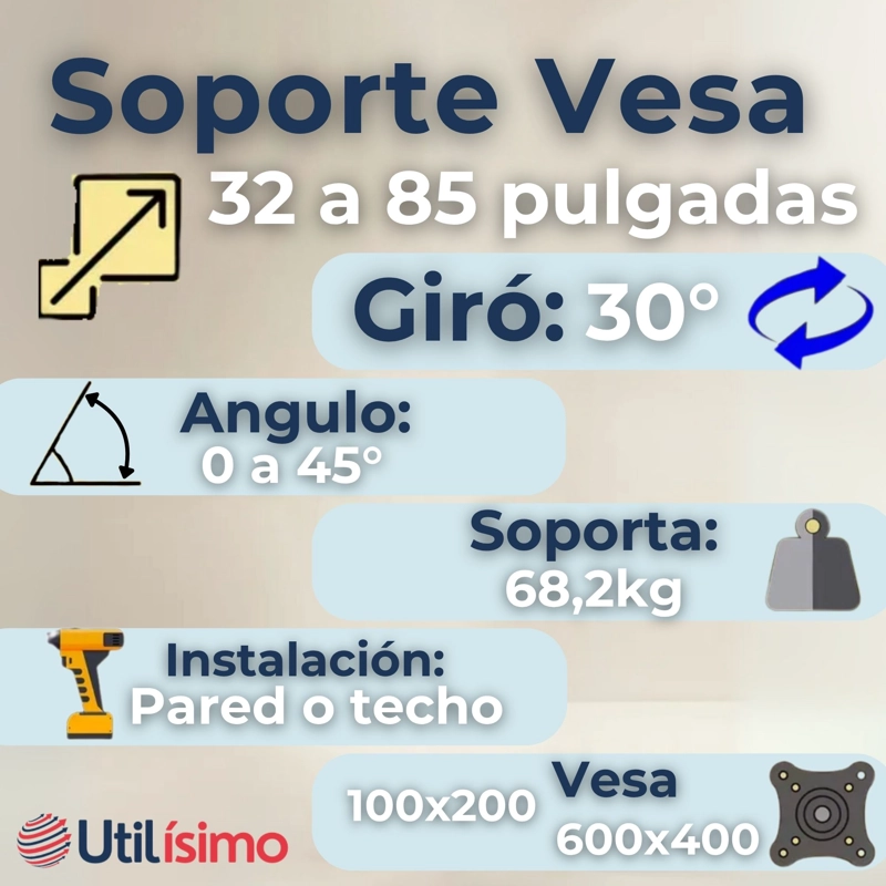 SOPORTE TV PARED TECHO AJUSTABLE 68KG 32 A 85 PULGADAS - 3