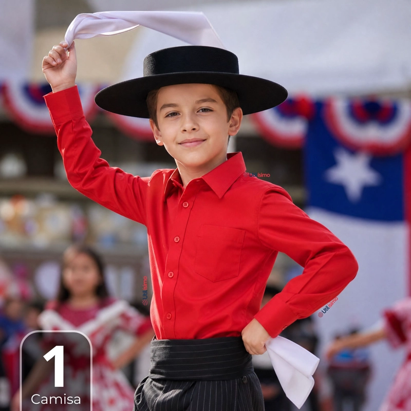 CAMISA HUASO NIÑO ALGODON ROJO FIESTAS PATRIAS TRAJE TIPICO - 1