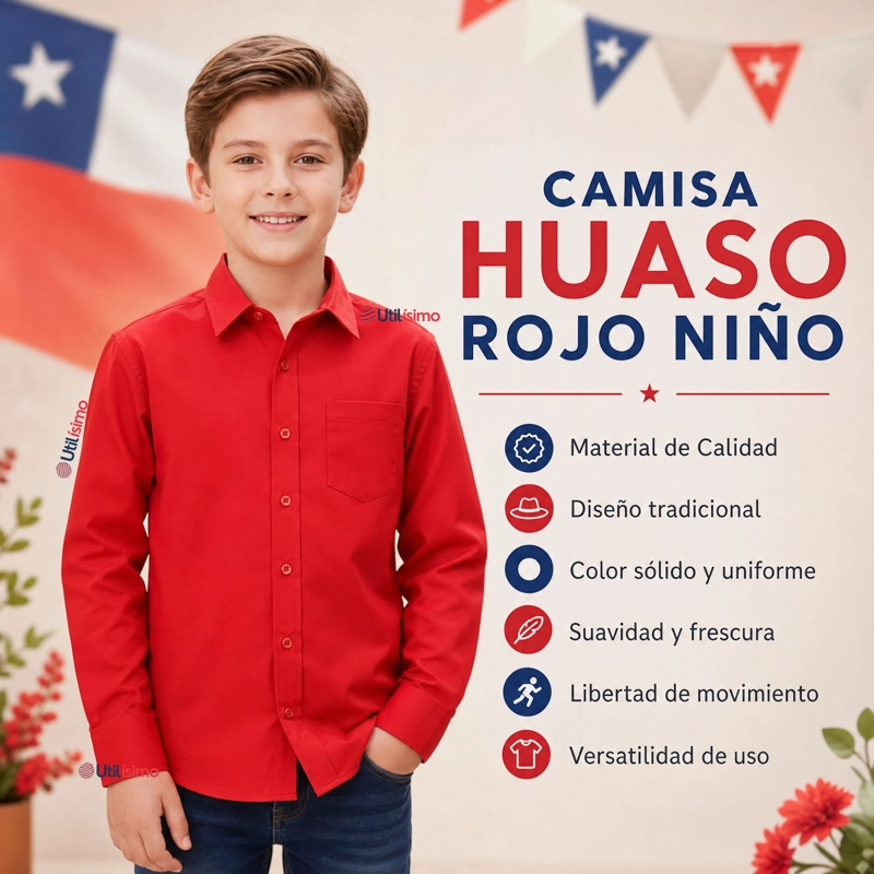 CAMISA HUASO NIÑO ALGODON ROJO FIESTAS PATRIAS TRAJE TIPICO - 4
