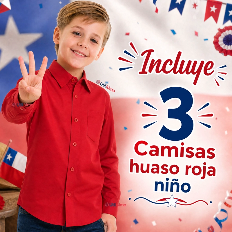 PACK 3 CAMISAS HUASO NIÑO ALGODON ROJO FIESTAS PATRIAS TRAJE TIPICO - 2