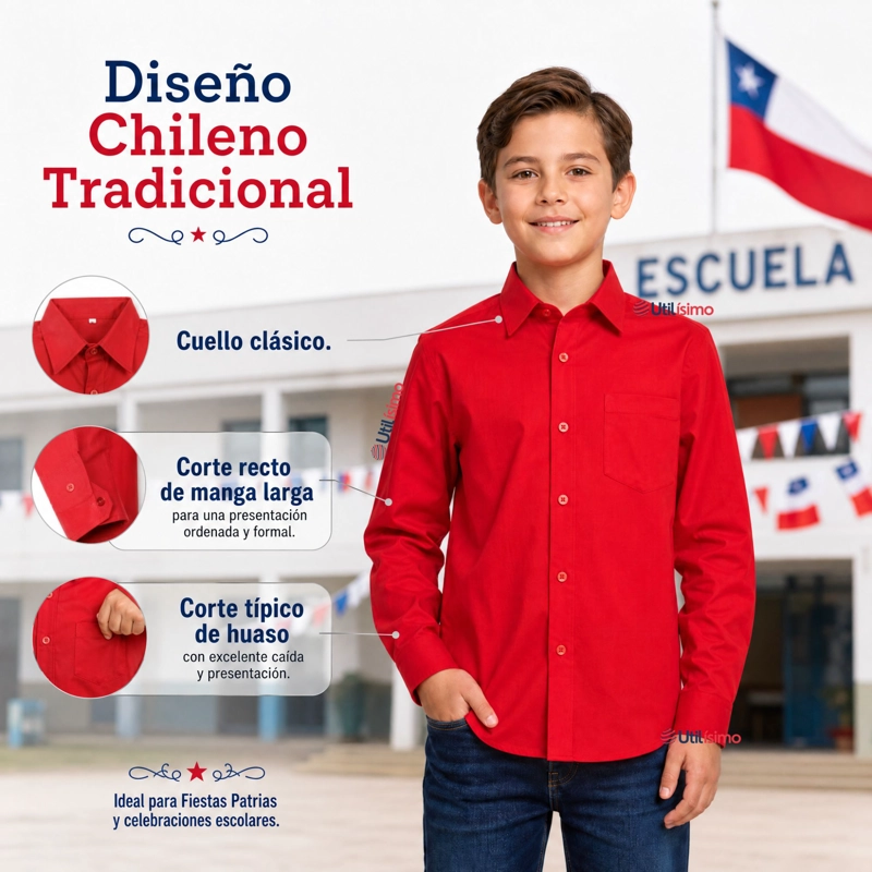 PACK 3 CAMISAS HUASO NIÑO ALGODON ROJO FIESTAS PATRIAS TRAJE TIPICO - 6