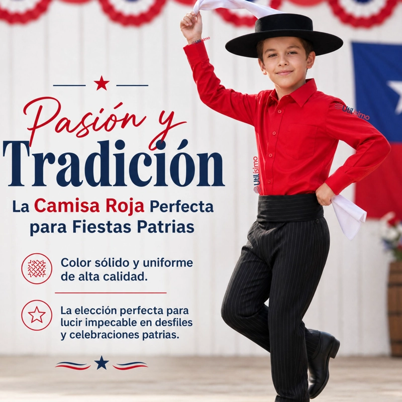 PACK 3 CAMISAS HUASO NIÑO ALGODON ROJO FIESTAS PATRIAS TRAJE TIPICO - 7