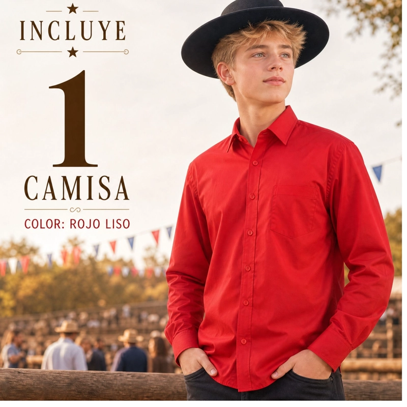 CAMISA ROJA HUASO JUVENIL CLASICA REGULAR FIT MANGA LARGA FIESTAS PATRIAS - 2
