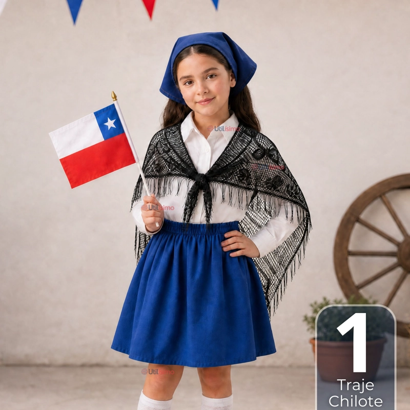 TRAJE CHILOTE NIÑA 3 PIEZAS AZUL BAILE TIPICO FIESTAS PATRIAS - 1