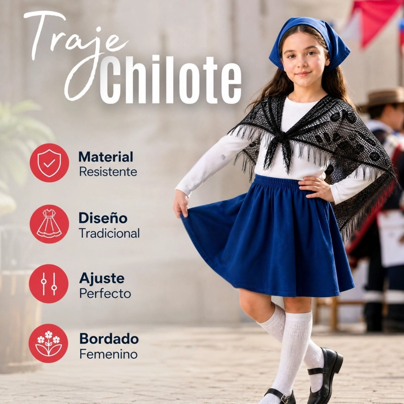 TRAJE CHILOTE NIÑA 3 PIEZAS AZUL BAILE TIPICO FIESTAS PATRIAS - 4