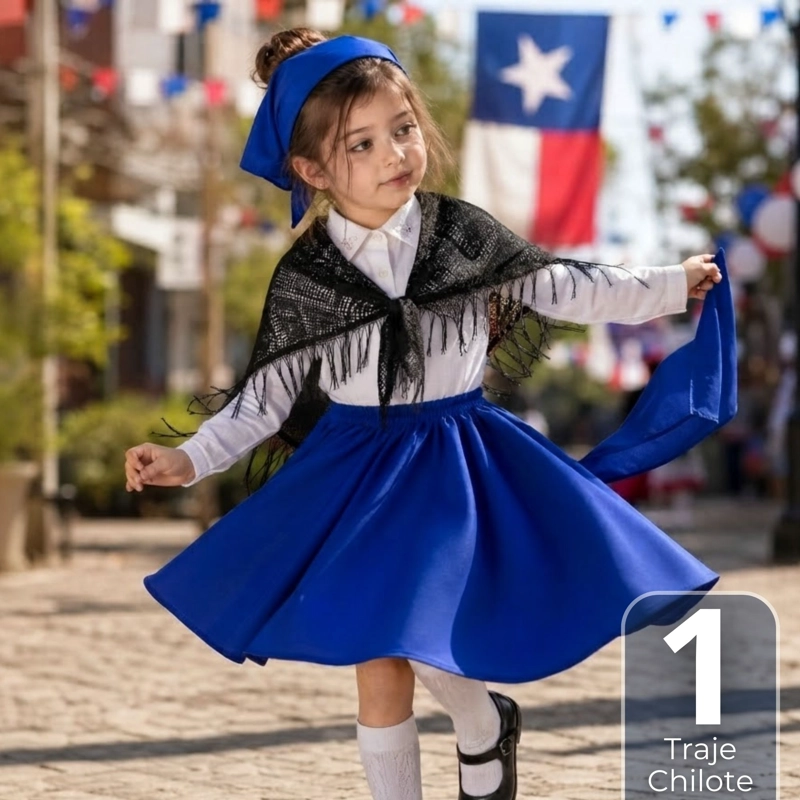TRAJE CHILOTE NIÑA 3 PIEZAS AZUL BAILE TIPICO FIESTAS PATRIAS - 1