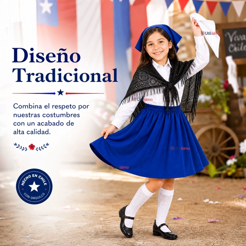 TRAJE CHILOTE NIÑA 3 PIEZAS AZUL BAILE TIPICO FIESTAS PATRIAS - 8