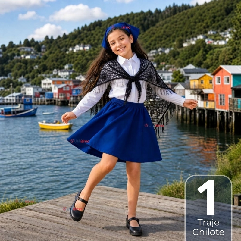 TRAJE CHILOTE NIÑA 4 PIEZAS AZUL CON CAMISA BAILE TIPICO FIESTAS PATRIAS - 1