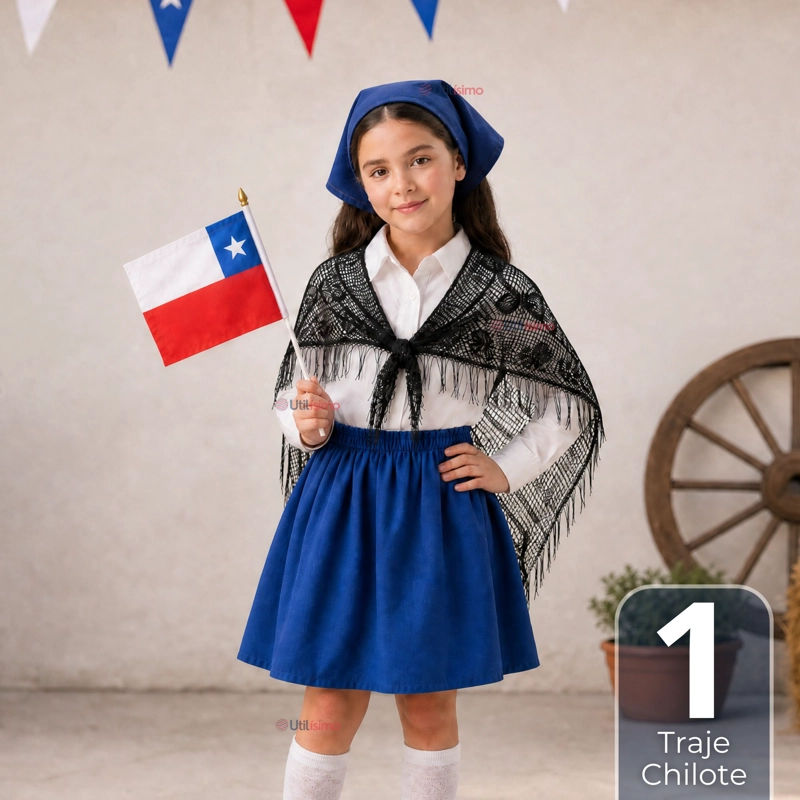TRAJE CHILOTE NIÑA 4 PIEZAS AZUL CON CAMISA BAILE TIPICO FIESTAS PATRIAS - 1
