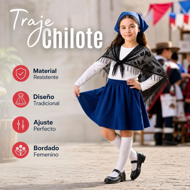 TRAJE CHILOTE NIÑA 4 PIEZAS AZUL CON CAMISA BAILE TIPICO FIESTAS PATRIAS - 5