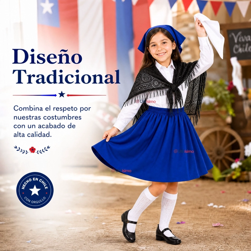 TRAJE CHILOTE NIÑA 4 PIEZAS AZUL CON CAMISA BAILE TIPICO FIESTAS PATRIAS - 6