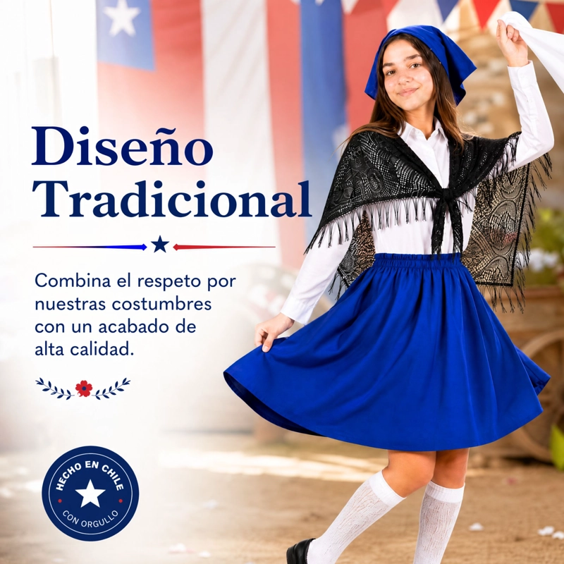 TRAJE CHILOTE JUVENIL 3 PIEZAS AZUL BAILE TIPICO FIESTAS PATRIAS - 7