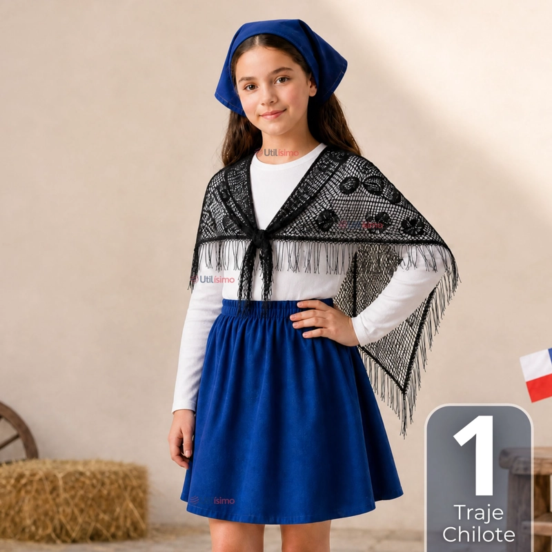 TRAJE CHILOTE JUVENIL 4 PIEZAS AZUL CON POLERA BAILE TIPICO FIESTAS PATRIAS - 1